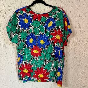 Vintage 90s Tropical Floral Blouse Zebra Print Top Bold Colorful Shirt Made in